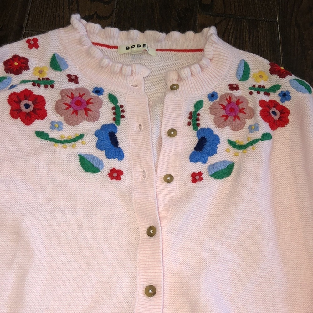 BODEN embroidered frill knit sweater cardigan blooming pink size large - Picture 11 of 16